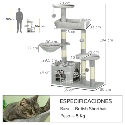 PawHut Rascador para Gato 65x30x104 cm Gris Claro