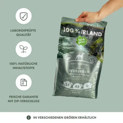 Irish Pure Hunde Adult Trockenfutter, Weißfisch mit Gemüse & Kelp-Alge Irish Pure Hunde Adult Trockenfutter, Weißfisch mit Gemüse & Kelp-Alge