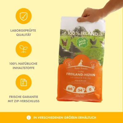Irish Pure Hunde-Trockenfutter, Puppy – Irisches Freiland-Huhn mit Gemüse Irish Pure Hunde-Trockenfutter, Puppy – Irisches Freiland-Huhn mit Gemüse