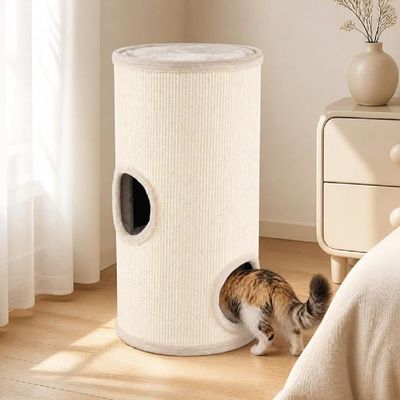 GIANTEX Kratztonne 3 Ebenen 70 cm 3 Höhlen Plüschbett Sisal Ø36 cm