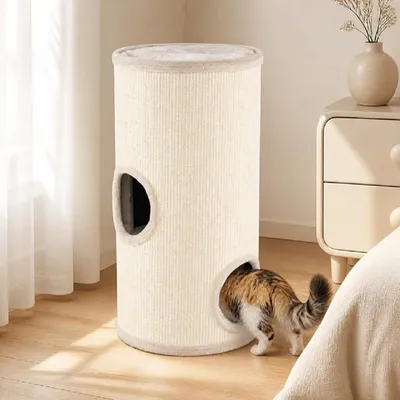 GIANTEX Tonneau Chat 3 Niveaux Perchoir Sisal Trous Ø36cm Arbre Intérieur
