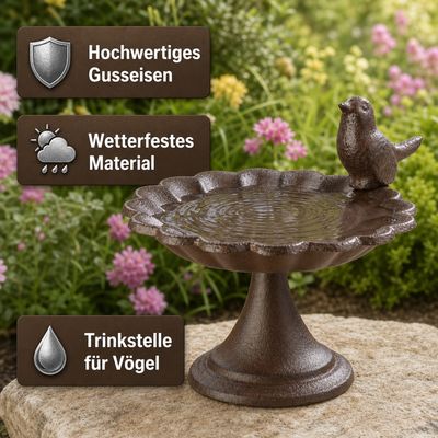 Esschert Design Vogeltränke mit Fuß aus Gusseisen, antik