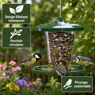GartenMeister Silo à graines pour oiseaux vert, télescopique