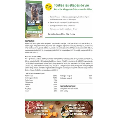 Nutram Croquettes Total Grain Free T26 à l'agneau pour chien adulte
