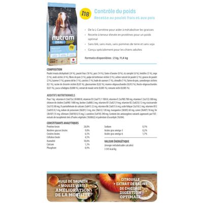 Nutram Croquettes Ideal I18 Weight Control Adult au poulet pour chien