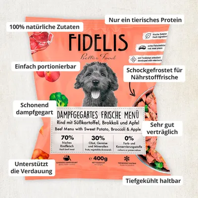 FIDELIS Rind mit Süßkartoffel, Brokkoli und Apfel (400g) gefroren FIDELIS Rind mit Süßkartoffel, Brokkoli und Apfel (400g) gefroren
