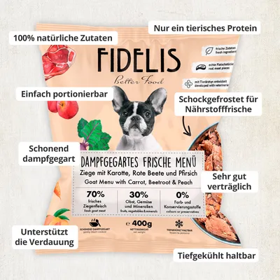 FIDELIS Ziege mit Karotte, Rote Beete und Pfirsich (400g) gefroren FIDELIS Ziege mit Karotte, Rote Beete und Pfirsich (400g) gefroren