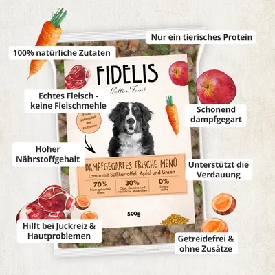 FIDELIS Lamm mit Süßkartoffel, Apfel und Linsen (500g) gefroren FIDELIS Lamm mit Süßkartoffel, Apfel und Linsen (500g) gefroren