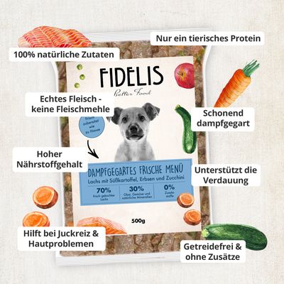 FIDELIS Lachs mit Süßkartoffel, Erbsen und Zucchini (500g) gefroren
