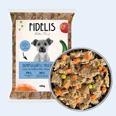 FIDELIS Lachs mit Süßkartoffel, Erbsen und Zucchini (500g) gefroren