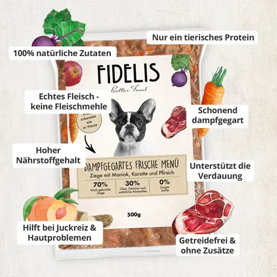 FIDELIS Ziege mit Maniok, Karotten und Pfirsich (500g) gefroren FIDELIS Ziege mit Maniok, Karotten und Pfirsich (500g) gefroren
