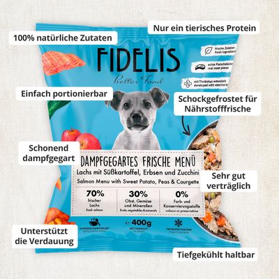 FIDELIS Lachs mit Süßkartoffel, Erbse und Zucchini (400g) gefroren