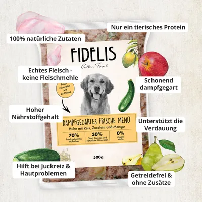 FIDELIS Huhn mit Reis, Zucchini und Mango (500g) gefroren FIDELIS Huhn mit Reis, Zucchini und Mango (500g) gefroren