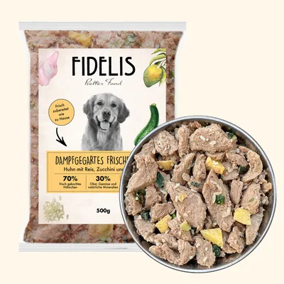 FIDELIS Huhn mit Reis, Zucchini und Mango (500g) gefroren FIDELIS Huhn mit Reis, Zucchini und Mango (500g) gefroren