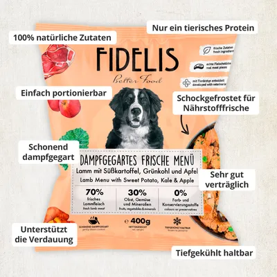 FIDELIS Lamm mit Süßkartoffel, Grünkohl und Apfel (400g) gefroren FIDELIS Lamm mit Süßkartoffel, Grünkohl und Apfel (400g) gefroren