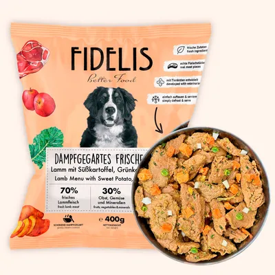 FIDELIS Lamm mit Süßkartoffel, Grünkohl und Apfel (400g) gefroren FIDELIS Lamm mit Süßkartoffel, Grünkohl und Apfel (400g) gefroren