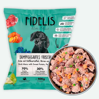 FIDELIS Ente mit Süßkartoffel, Birne und Blaubeeren (400g) gefroren FIDELIS Ente mit Süßkartoffel, Birne und Blaubeeren (400g) gefroren