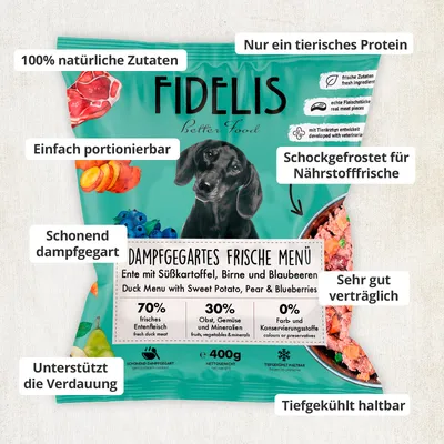 FIDELIS Ente mit Süßkartoffel, Birne und Blaubeeren (400g) gefroren FIDELIS Ente mit Süßkartoffel, Birne und Blaubeeren (400g) gefroren