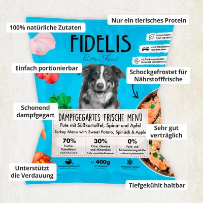 FIDELIS Pute mit Süßkartoffel, Spinat und Apfel (400g) gefroren FIDELIS Pute mit Süßkartoffel, Spinat und Apfel (400g) gefroren