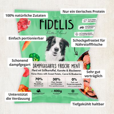 FIDELIS Pferd mit Süßkartoffel, Karotte und Blaubeeren (400g) gefroren