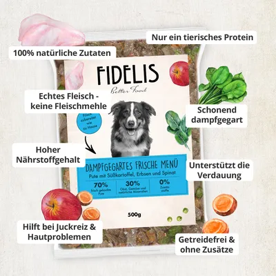 FIDELIS Pute mit Süßkartoffel, Erbsen und Spinat (500g) gefroren