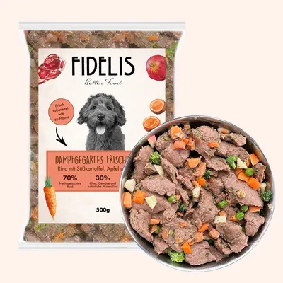 FIDELIS Rind mit Süßkartoffel, Apfel und Brokkoli (500g) gefroren FIDELIS Rind mit Süßkartoffel, Apfel und Brokkoli (500g) gefroren
