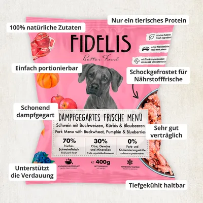 FIDELIS Schwein mit Kürbis, Karotte und Blaubeeren (400g) gefroren FIDELIS Schwein mit Kürbis, Karotte und Blaubeeren (400g) gefroren