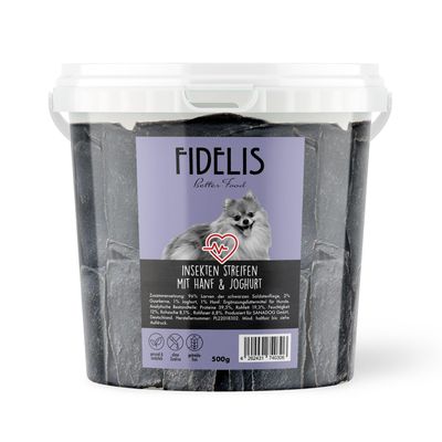 FIDELIS Insekten Streifen mit Hanf und probiotischem Joghurt (500g-Eimer)