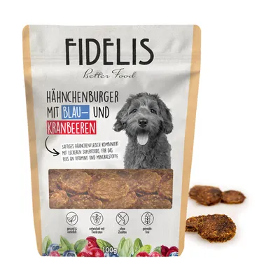 FIDELIS Hähnchenburger mit Blaubeeren und Kranbeeren (100g) FIDELIS Hähnchenburger mit Blaubeeren und Kranbeeren (100g)