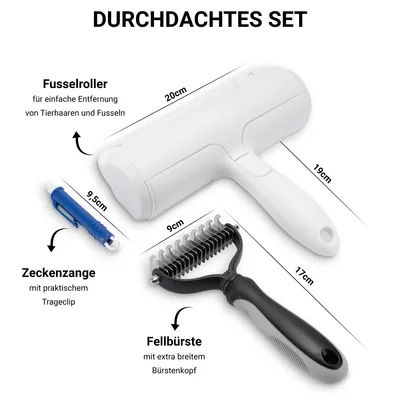 3er Set Hundebürste Katzenbürste XL Fusselrolle und Zeckenzange