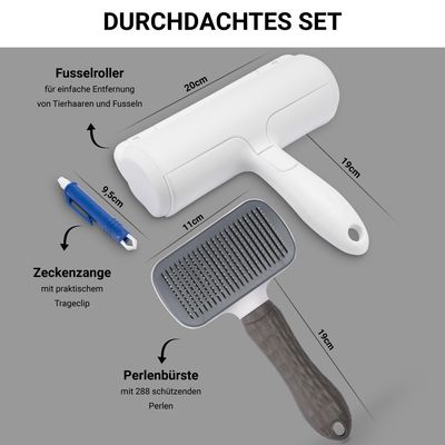 3er Set Hundebürste Katzenbürste XL Fusselrolle und Zeckenzange