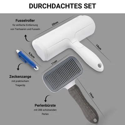 3er Set Hundebürste Katzenbürste XL Fusselrolle und Zeckenzange