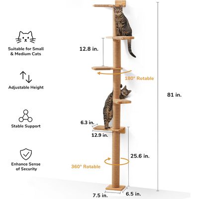HausPets Árbol Gato Pared 205cm, Giratorio 360°, Altura Ajustable, Yute