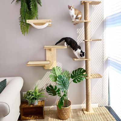 HausPets Árbol Gato Pared 205cm, Giratorio 360°, Altura Ajustable, Yute