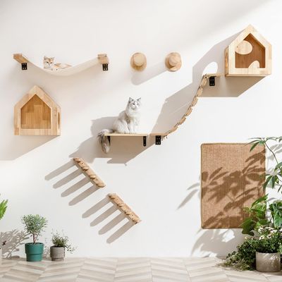 HausPets Escalón Pared Gato 30cm Lote de 2, Estante Escalada Yute, Madera