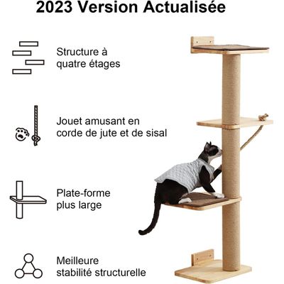 HausPets Poste Rascador Pared 127cm, 2 Estantes + Cama, Madera Hevea