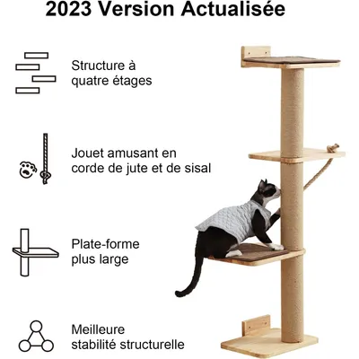 HausPets Poste Rascador Pared 127cm, 2 Estantes + Cama, Madera Hevea