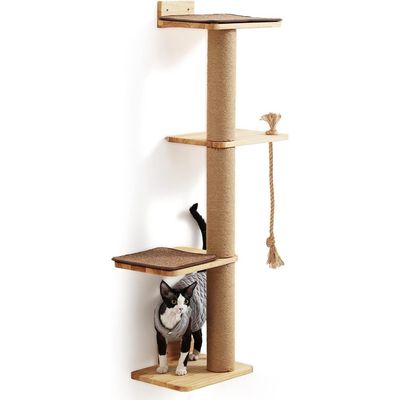 HausPets Poste Rascador Pared 127cm, 2 Estantes + Cama, Madera Hevea