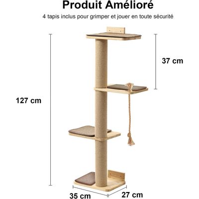HausPets Poste Rascador Pared 127cm, 2 Estantes + Cama, Madera Hevea