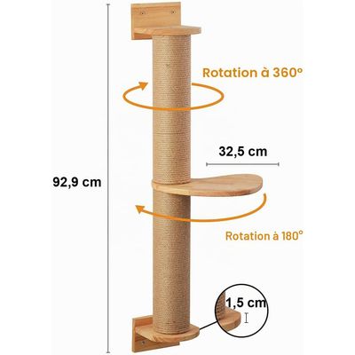 HausPets Rascador Gato Pared 93cm, Poste Yute + Hamaca, Pino Natural