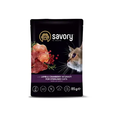 Savory Nassfutter für sterilisierte Katzen mit Lamm & Preiselbeeren