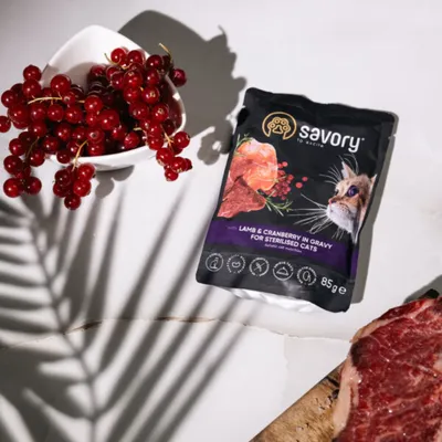 Savory Nassfutter für sterilisierte Katzen mit Lamm & Preiselbeeren Savory Nassfutter für sterilisierte Katzen mit Lamm & Preiselbeeren