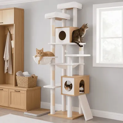 FEANDREA Arbre à chat moderne en bois H 191 cm avec niches et griffoir