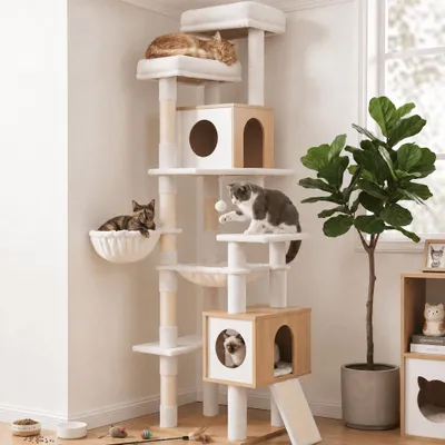 FEANDREA Arbre à chat moderne en bois H 191 cm avec niches et griffoir