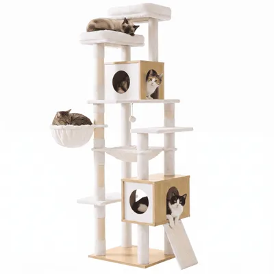 FEANDREA Arbre à chat moderne en bois H 191 cm avec niches et griffoir