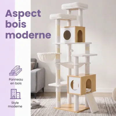 FEANDREA Arbre à chat moderne en bois H 191 cm avec niches et griffoir