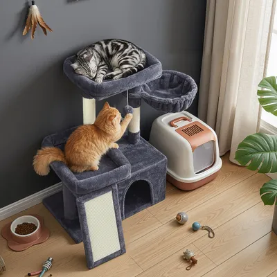 FEANDREA Arbre à Chat avec Planche à Griffer, 2 Couchages, 85,8 cm de Haut