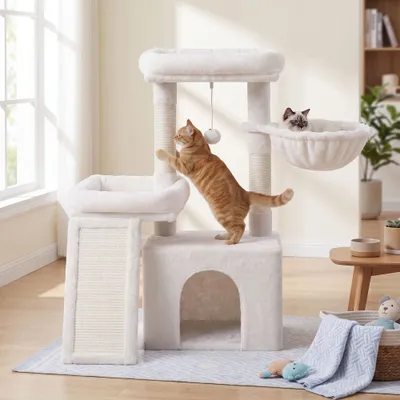 FEANDREA Arbre à Chat avec Planche à Griffer, 2 Couchages, 85,8 cm de Haut