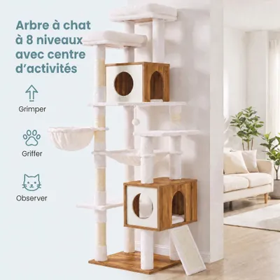 FEANDREA Arbre à chat moderne en bois H 191 cm avec niches et griffoir