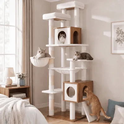 FEANDREA Arbre à chat moderne en bois H 191 cm avec niches et griffoir